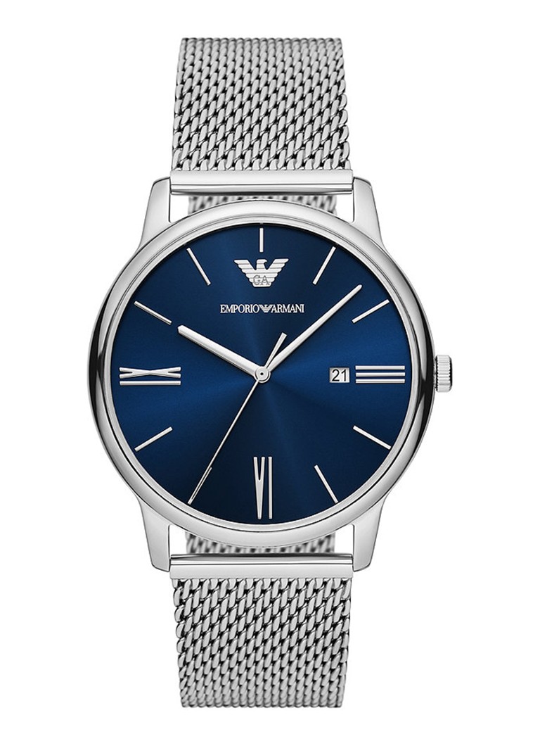 Dit Emporio Armani horloge van 42�mm heeft een blauwe sunray-wijzerplaat, een uurwerk met drie wijzers en datum en een roestvrijstalen mesh bandje.